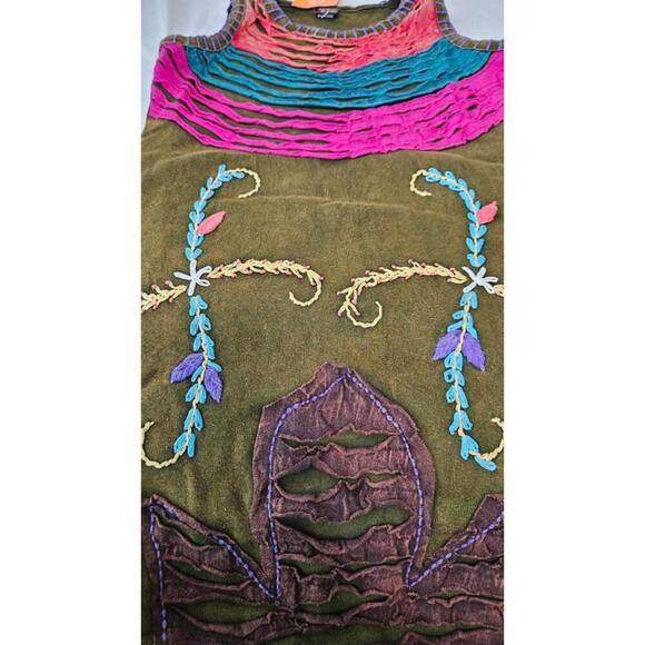 K.P.C. Bohemian Handmade in Nepal Embroidered Green Stonewashed Dress Small - Picture 6 of 9